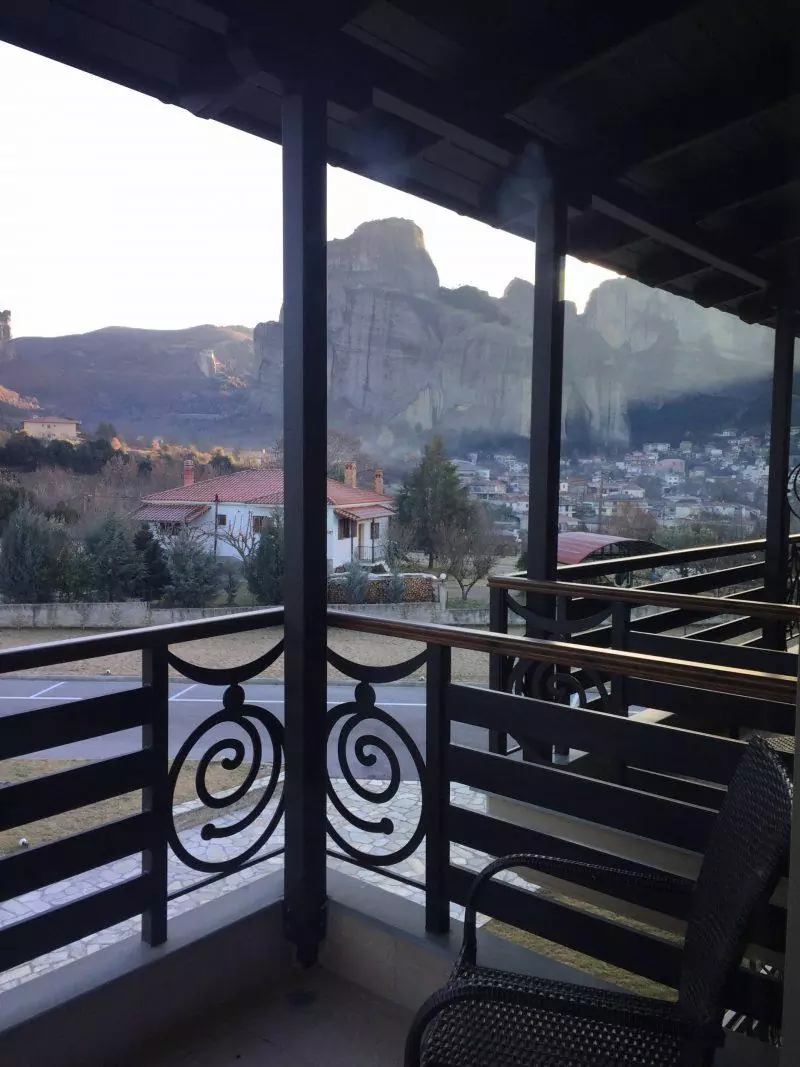 Meteora rock formations as seen from the balcony of my hotel