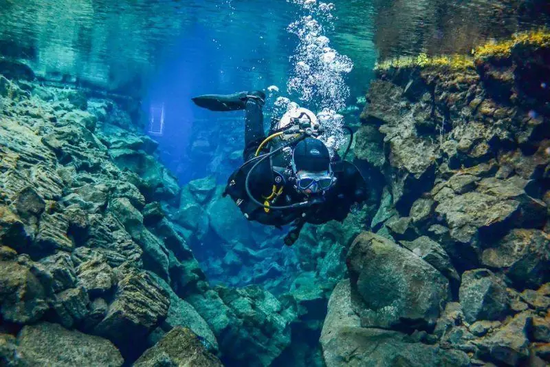 man diving in iceland