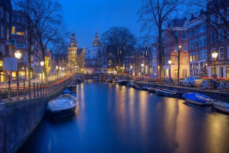 View of Amsterdam's canals at night