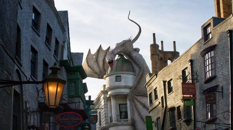 Dragon on top of Gringott's Bank at Harry Potter World