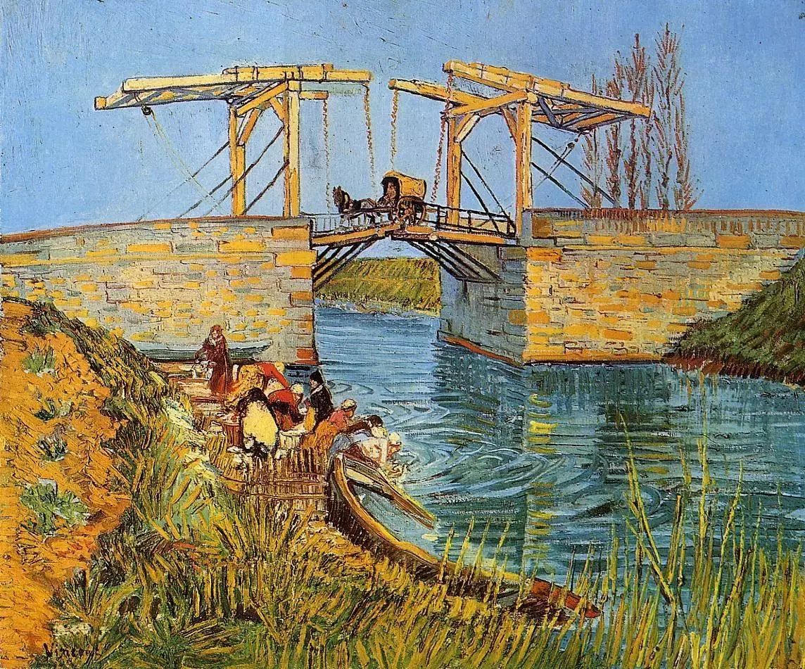 Van Gogh's bridge painting with cart crossing and women washing clothes