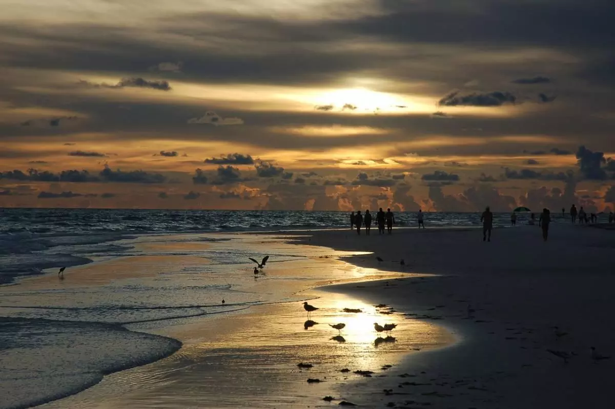 People walking along the beach at sunset