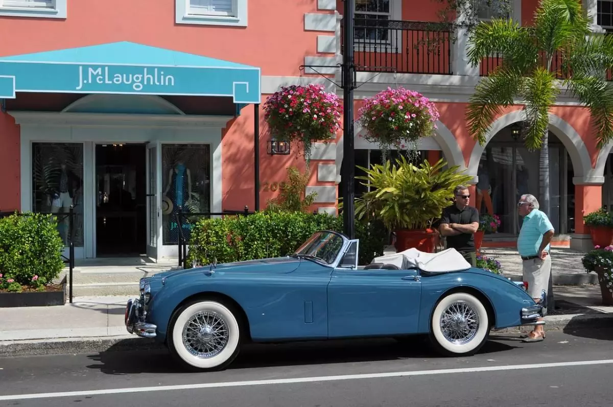 Fancy blue car in downtown area