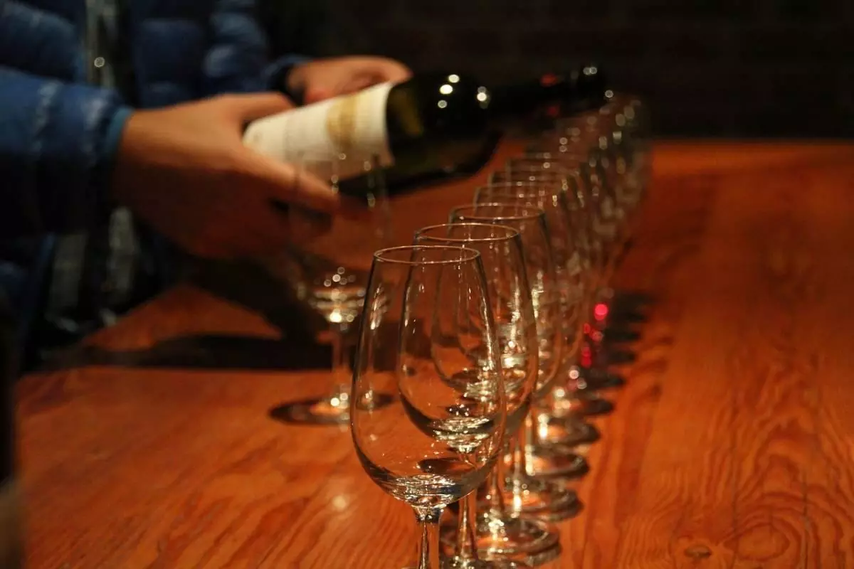 Wine glasses lined up for a tasting