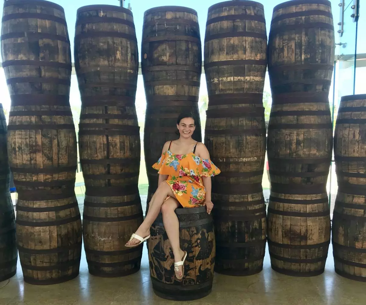 Gallons for aging the rum decoratively displayed at Casa Bacardi