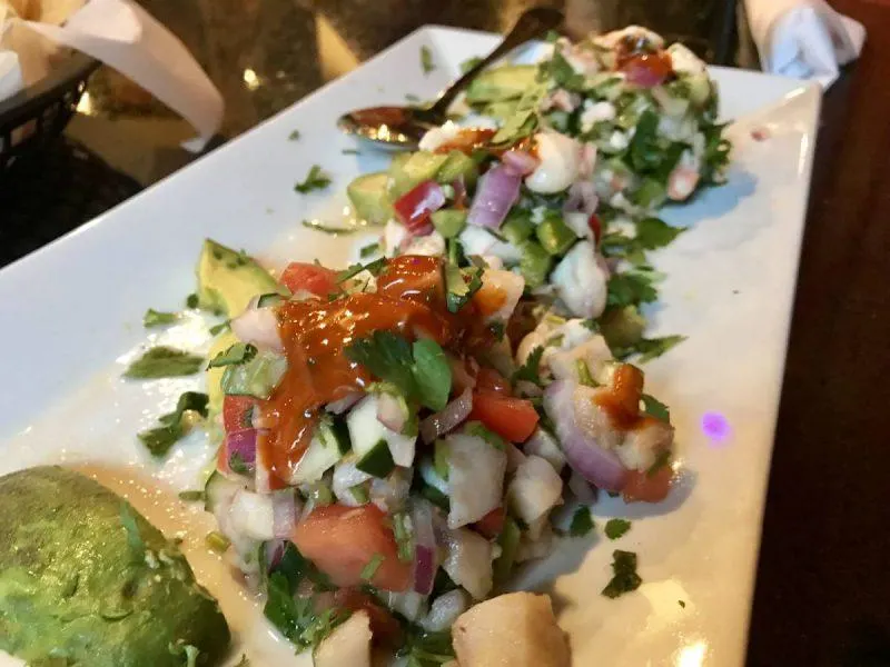 Ceviche lined up on a long dish