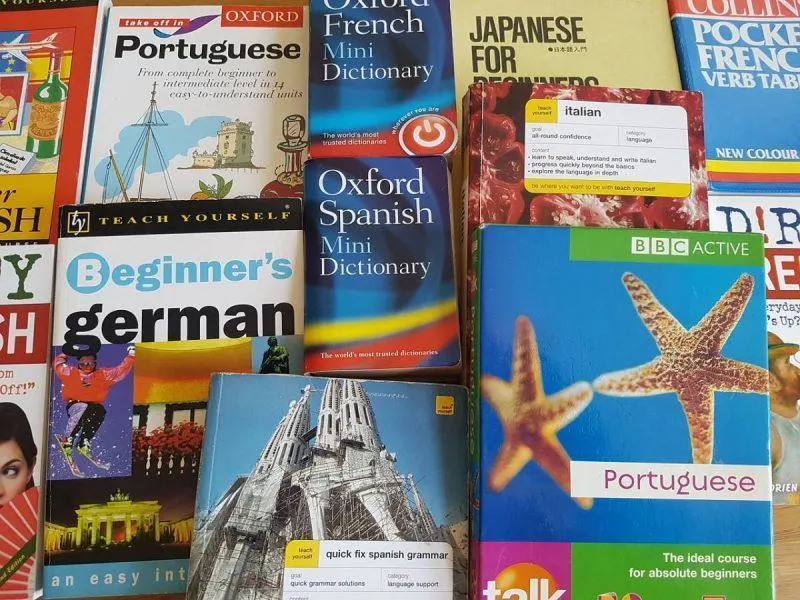 Pile of language learning books