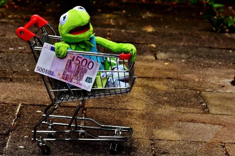 Kermit the Frog riding a shopping cart with 50 Euro in hand