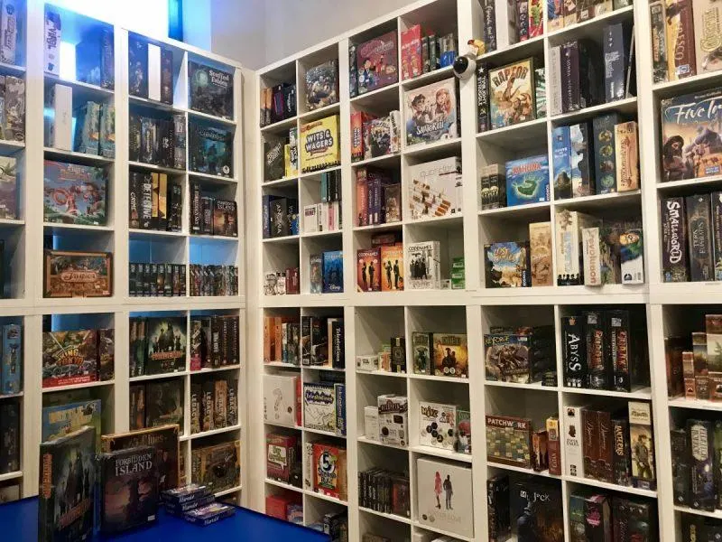 Shelves packed with board games