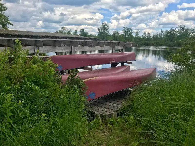 Canoes stacked by the water