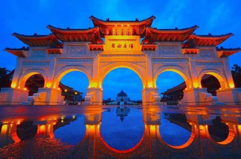 Temple gates lit up at night