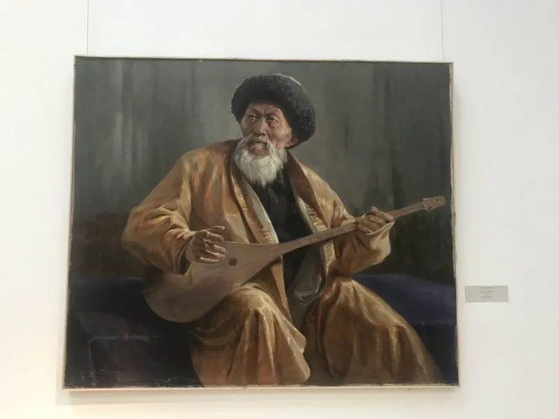 Painting of Kazakh man holding instrument