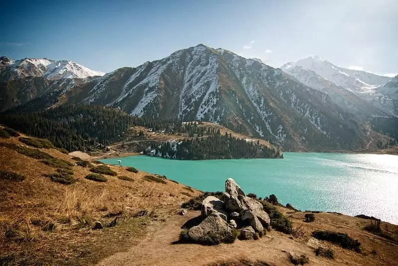 Alpine lake amidst mountains