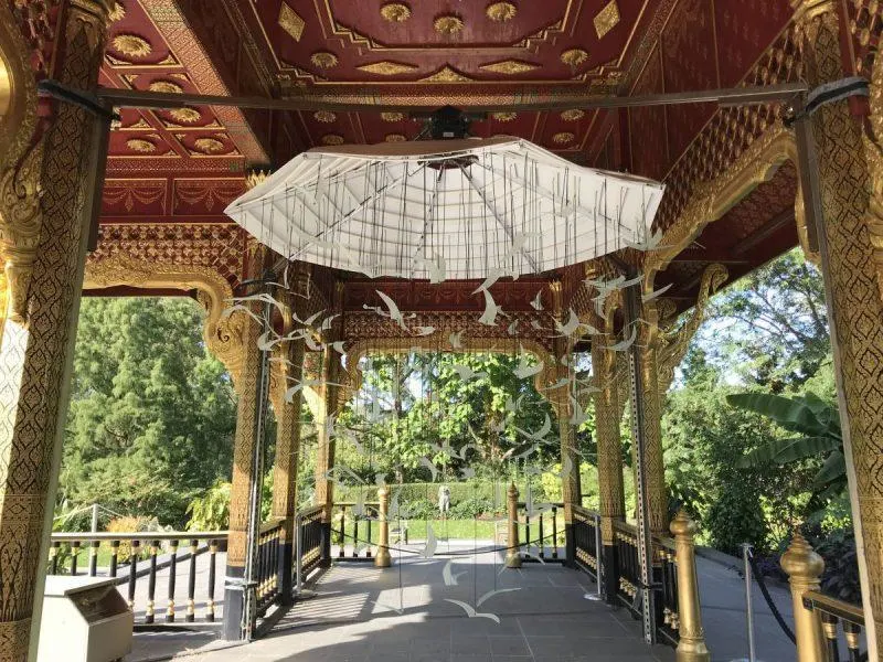 Japanese pagoda with hanging origami birds