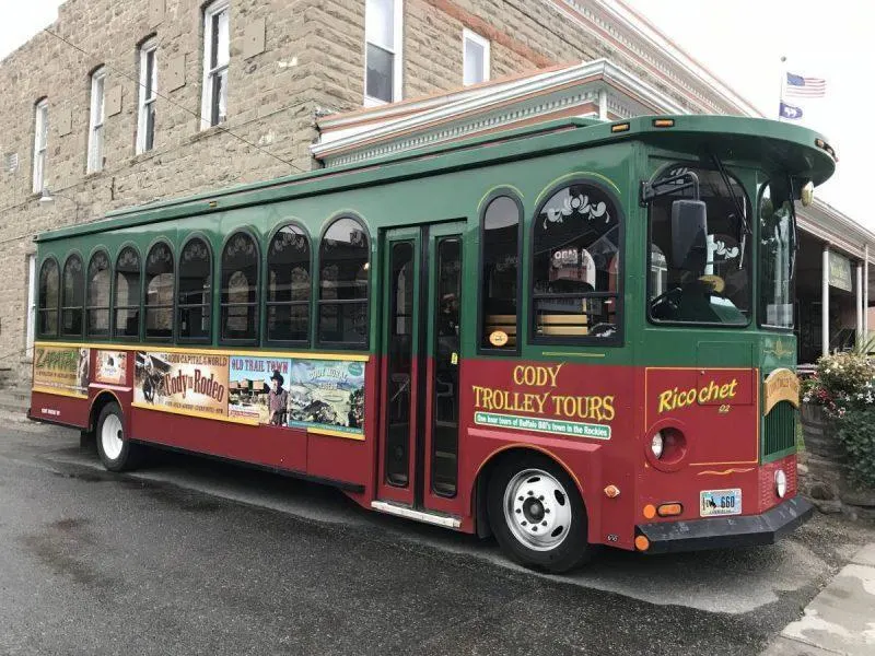 Green and red trolley thing to do in Cody WY