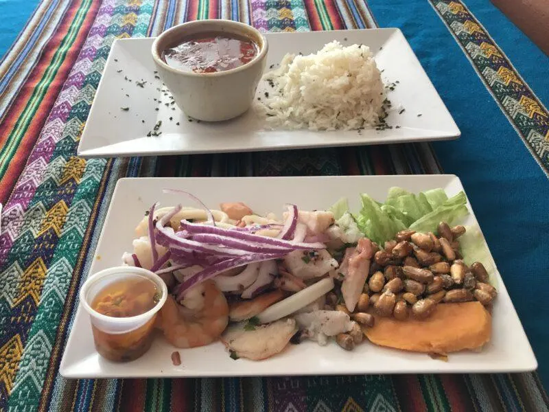 Mixed seafood ceviche on a colorful tablecloth