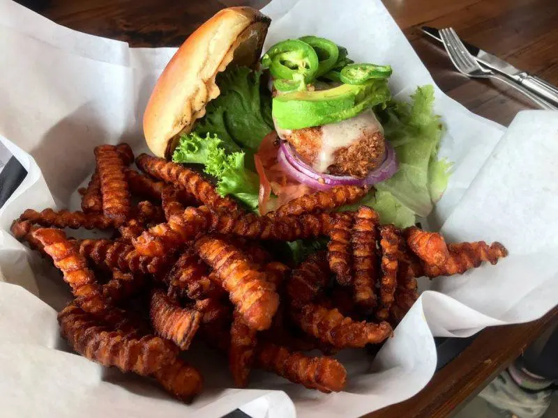 Chicken sandwich and sweet potato fries