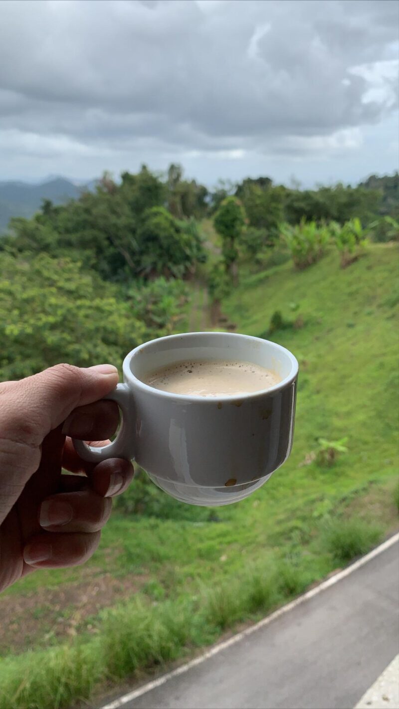 Holding coffee while looking out over mountains