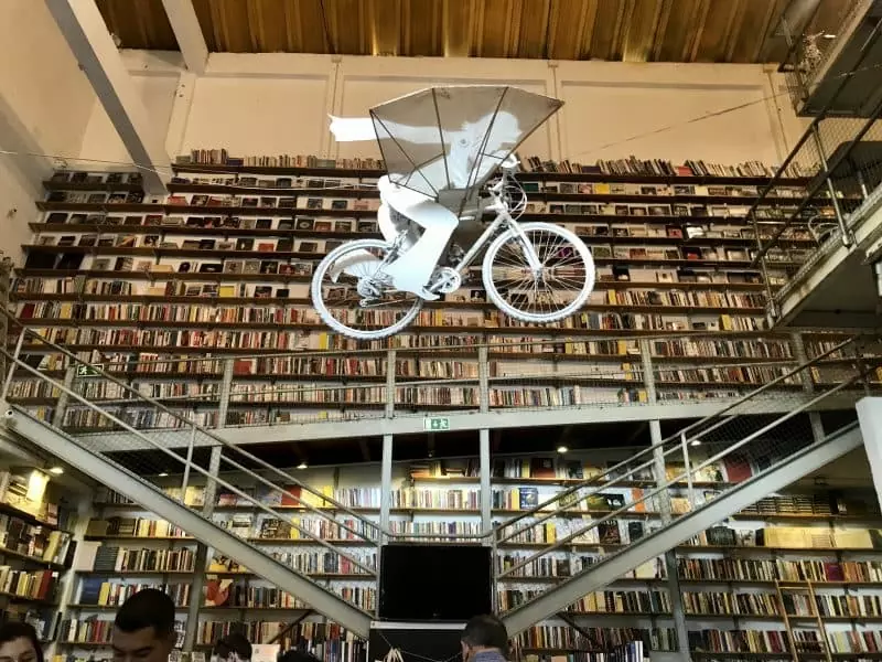 Massive bookstore with art installation