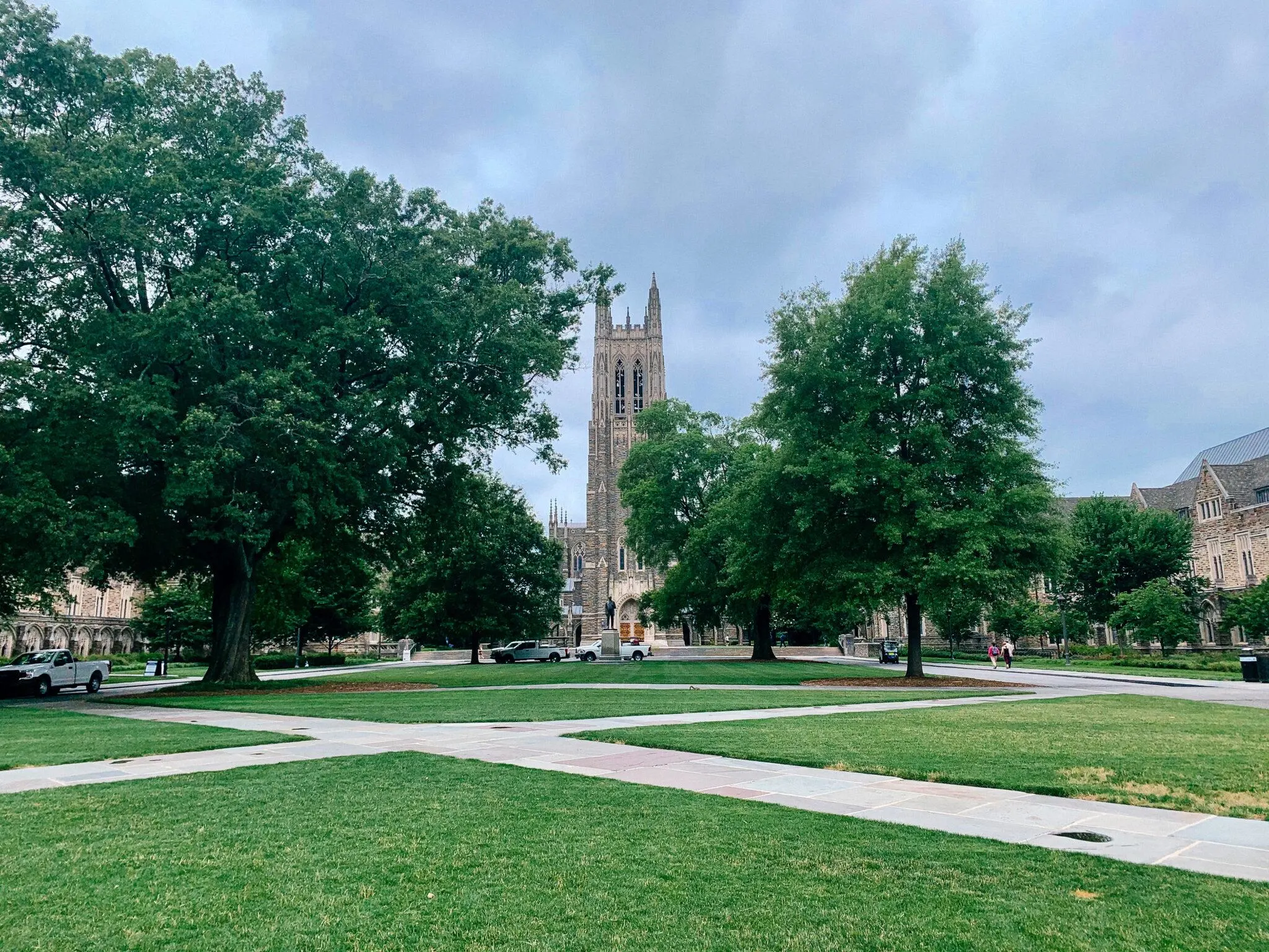 View of Duke Chapel behind trees