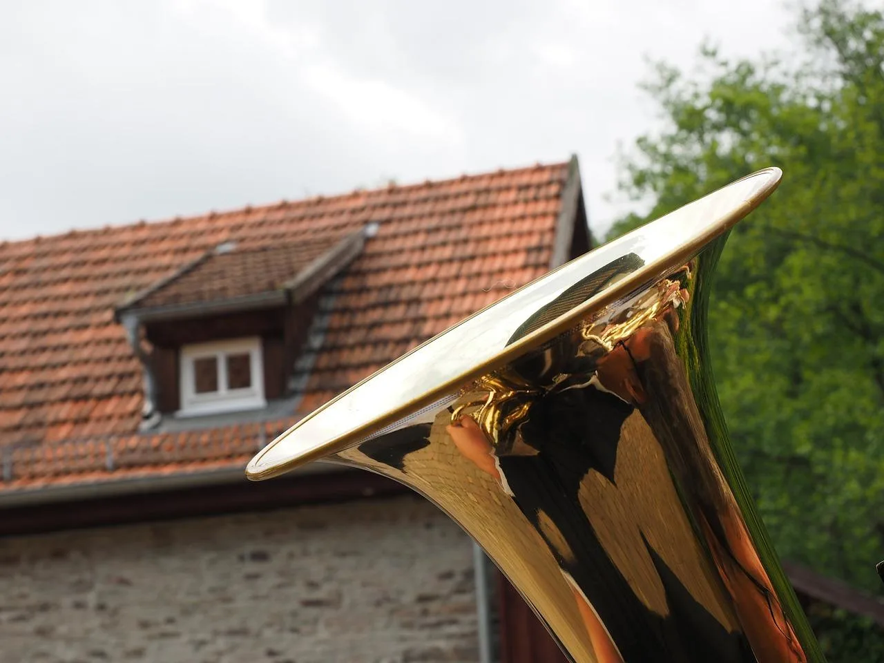 Tuba in front of a house