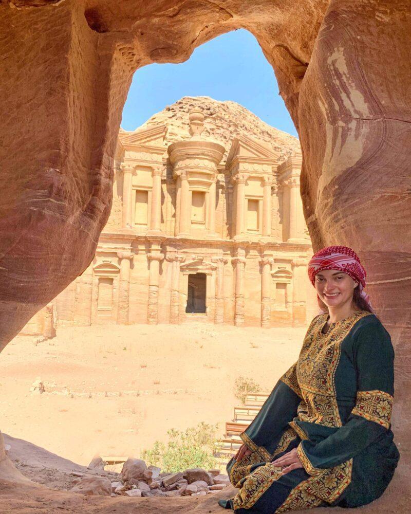In traditional attire overlooking the Monastery at Petra