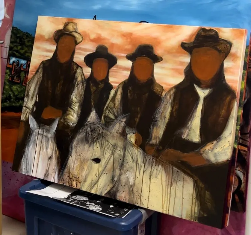 Painting of 4 faceless men on horses