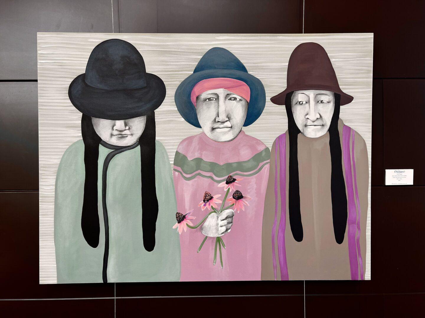 Painting of 3 Indigenous women wearing hats