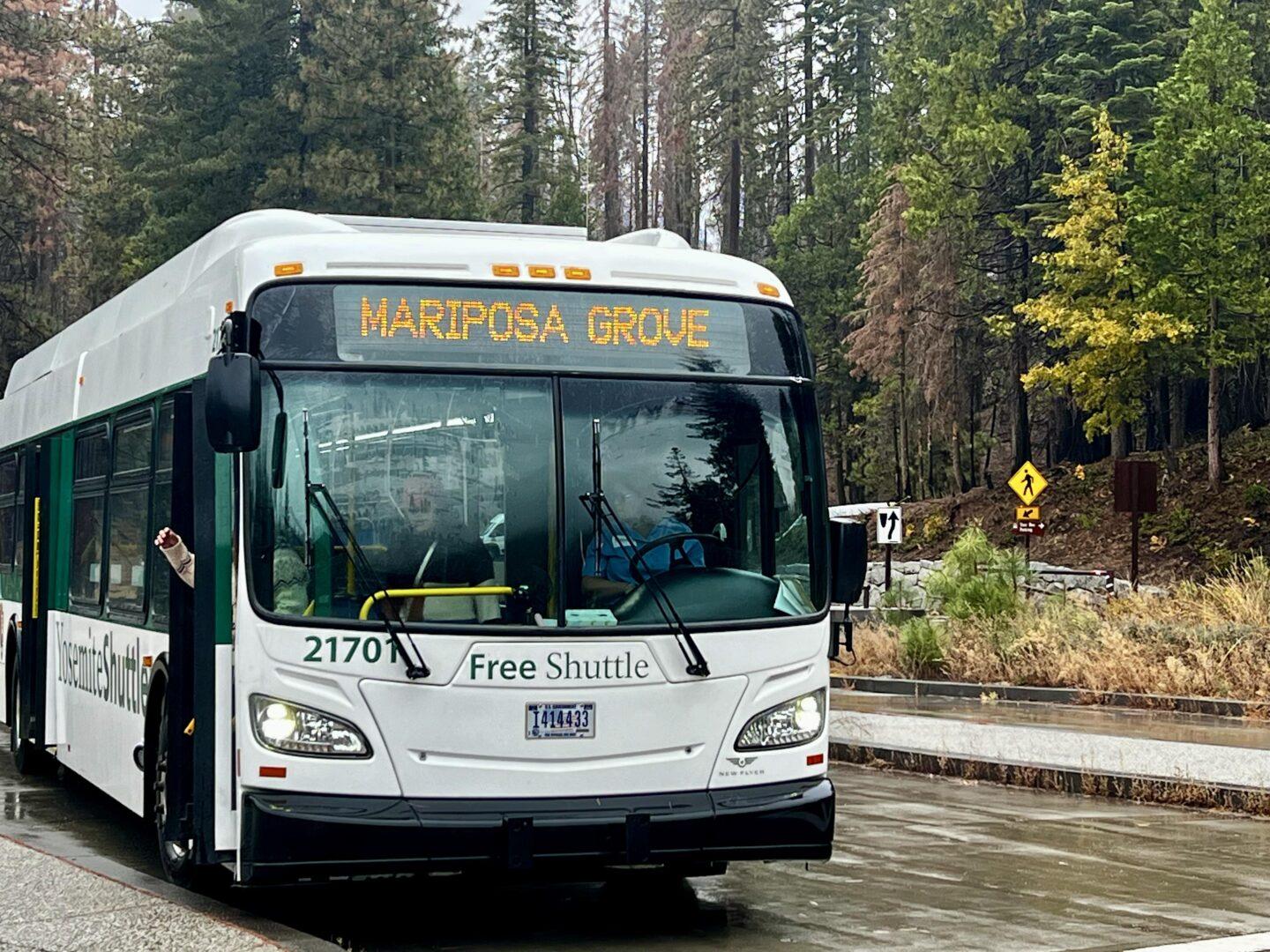 Shuttle bus with Mariposa Grove showing as destination 
