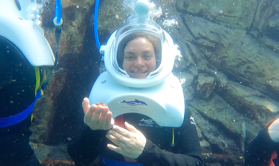 Holding an animal while walking underwater wearing helmet