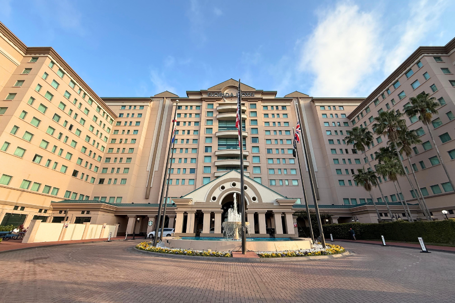 Exterior of hotel with fountain