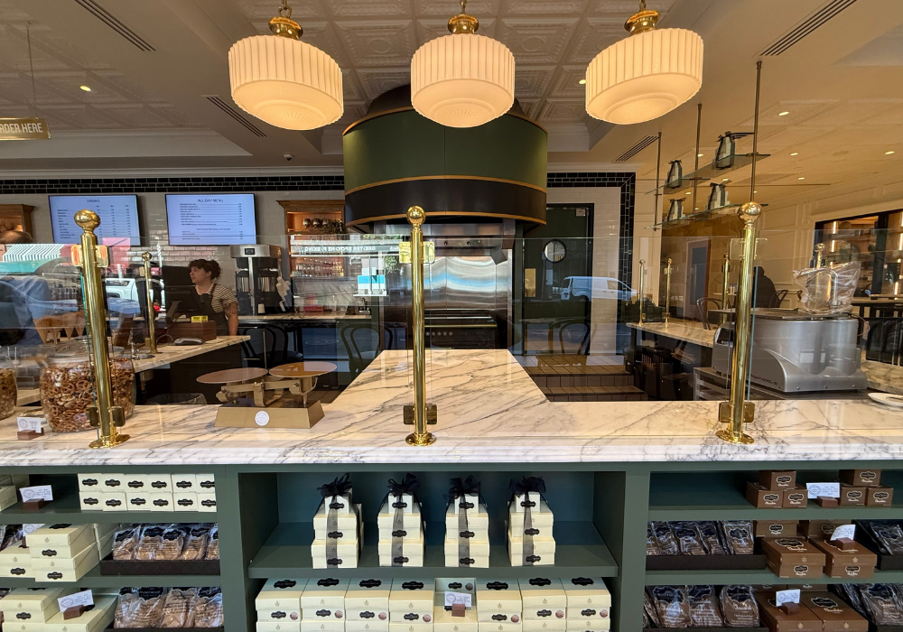 Storefront and demonstration space with white marble countertops