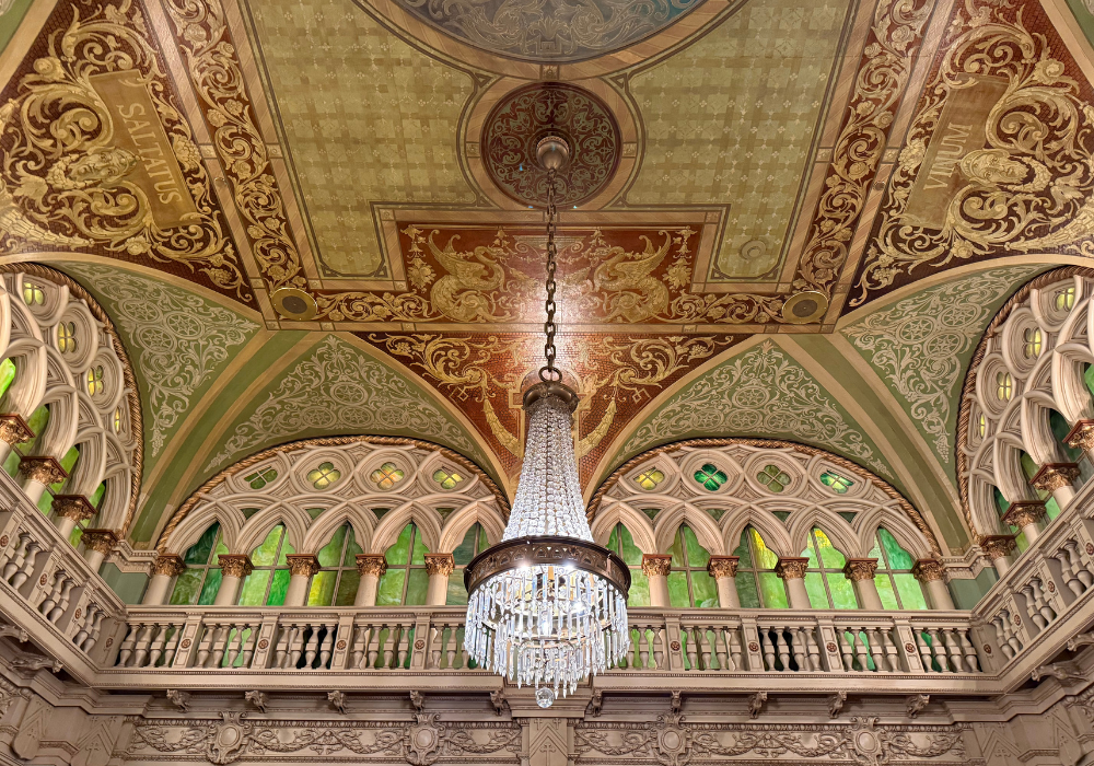 Ornate ballroom with crystal chandeliers