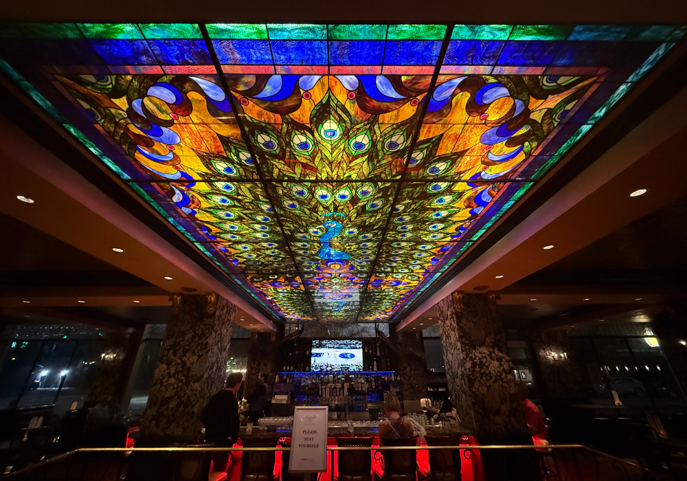 Stained glass ceiling with peacock design