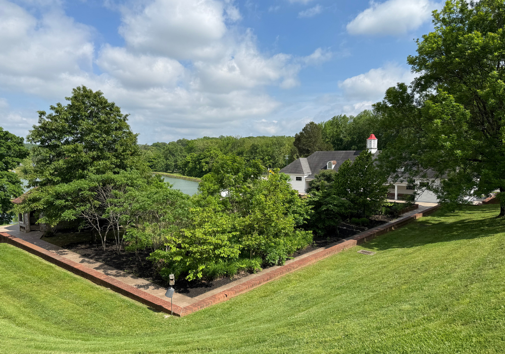 View of green field with house and lake in background
