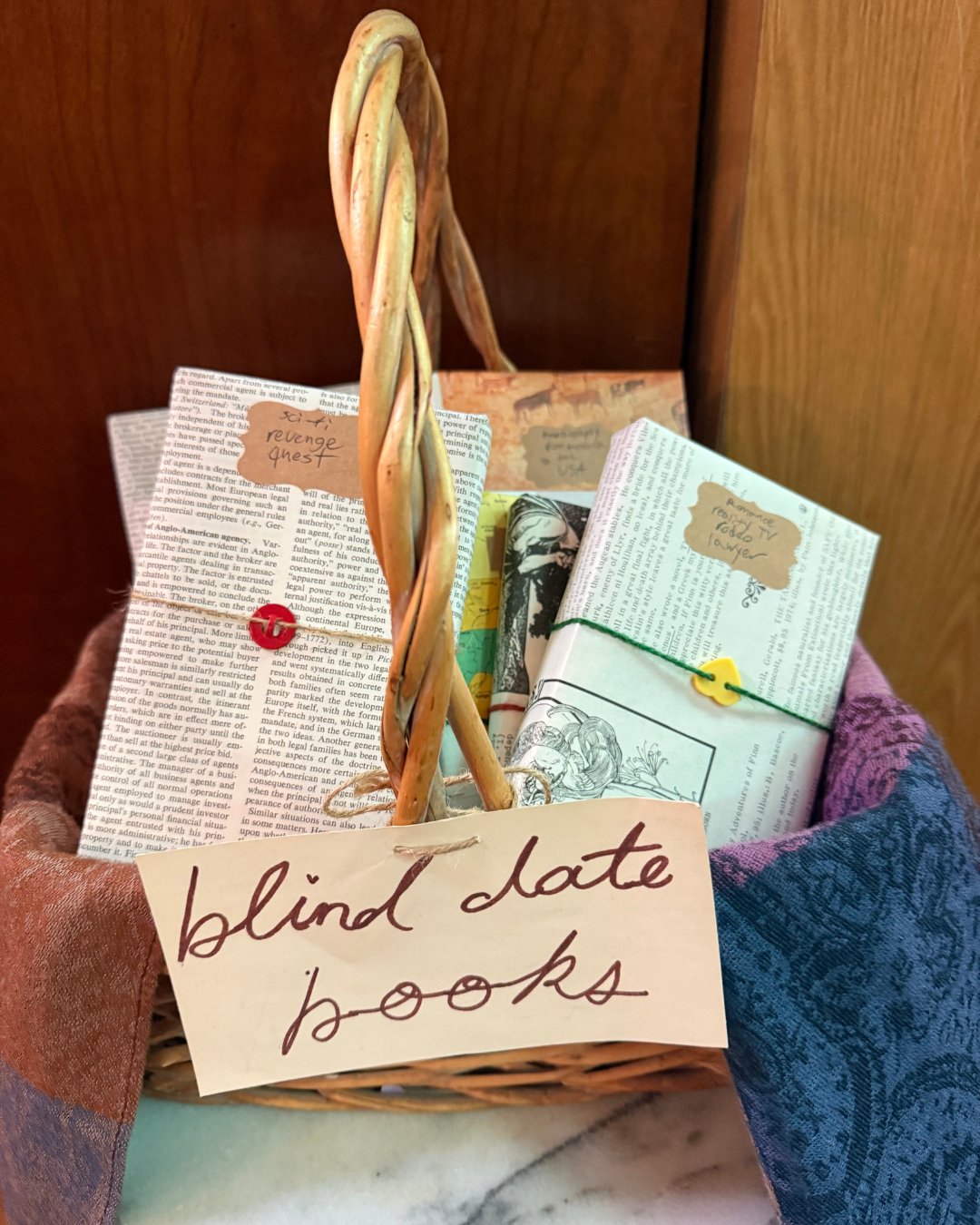 Basket with blind date books wrapped