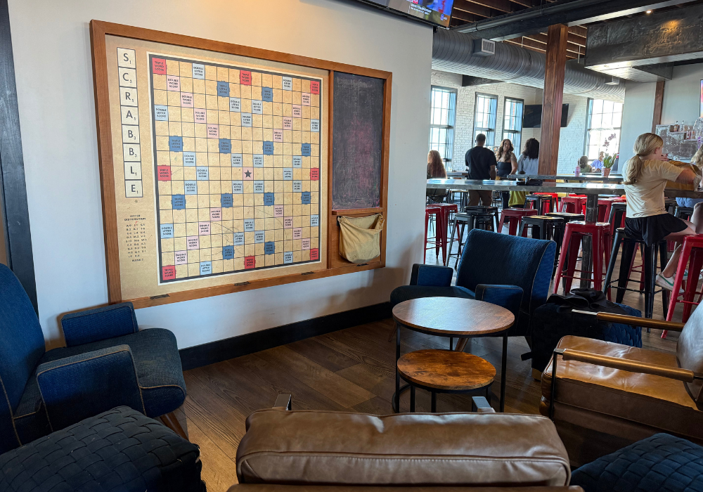 Giant scrabble board on wall in bar