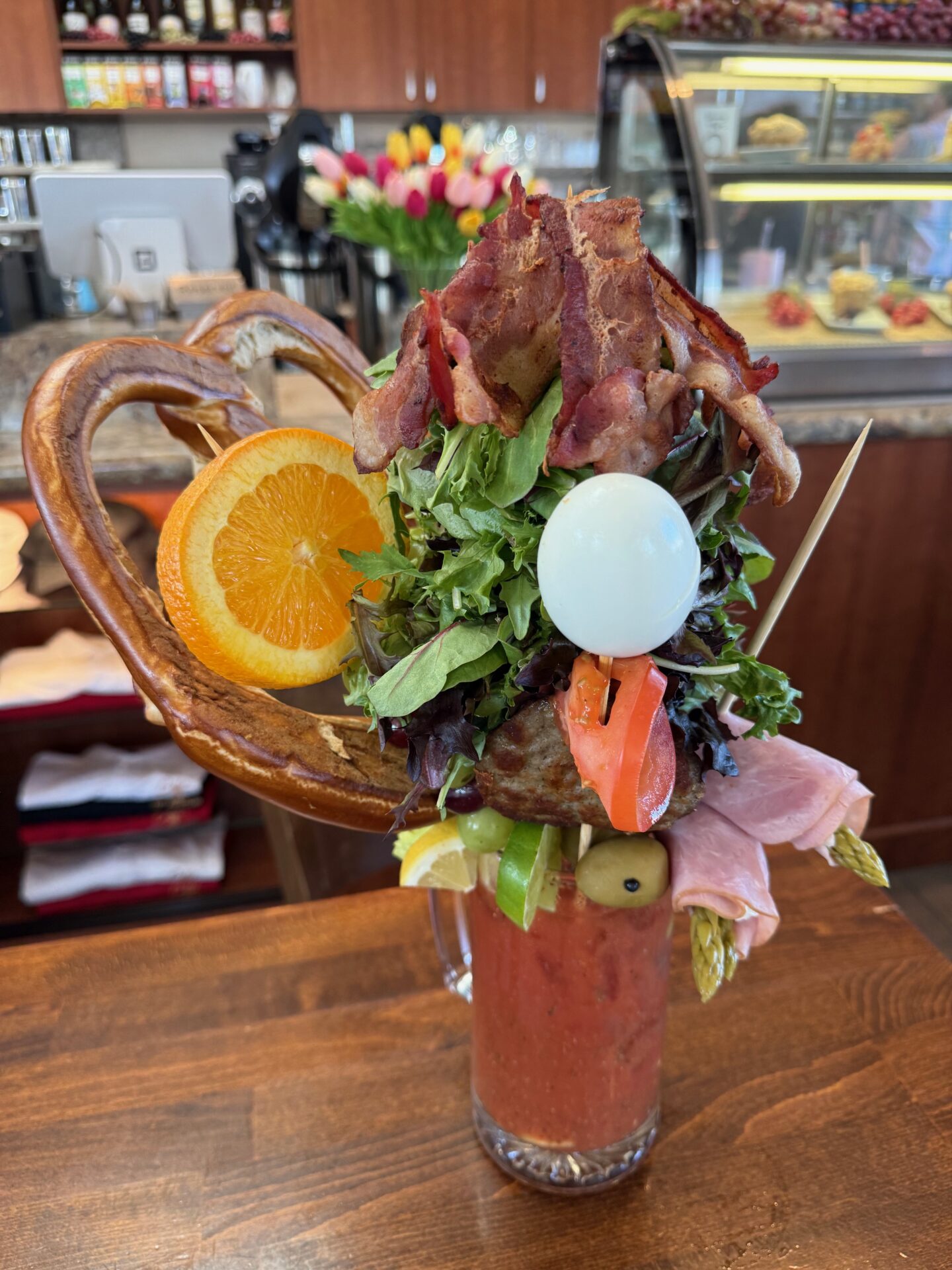 Enormous pretzel topped Bloody Mary