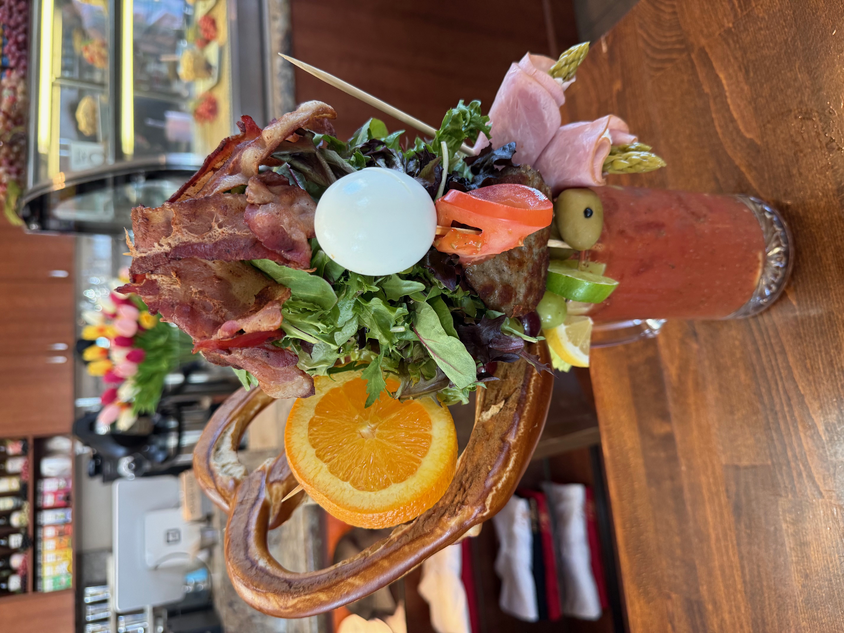 Enormous pretzel topped Bloody Mary
