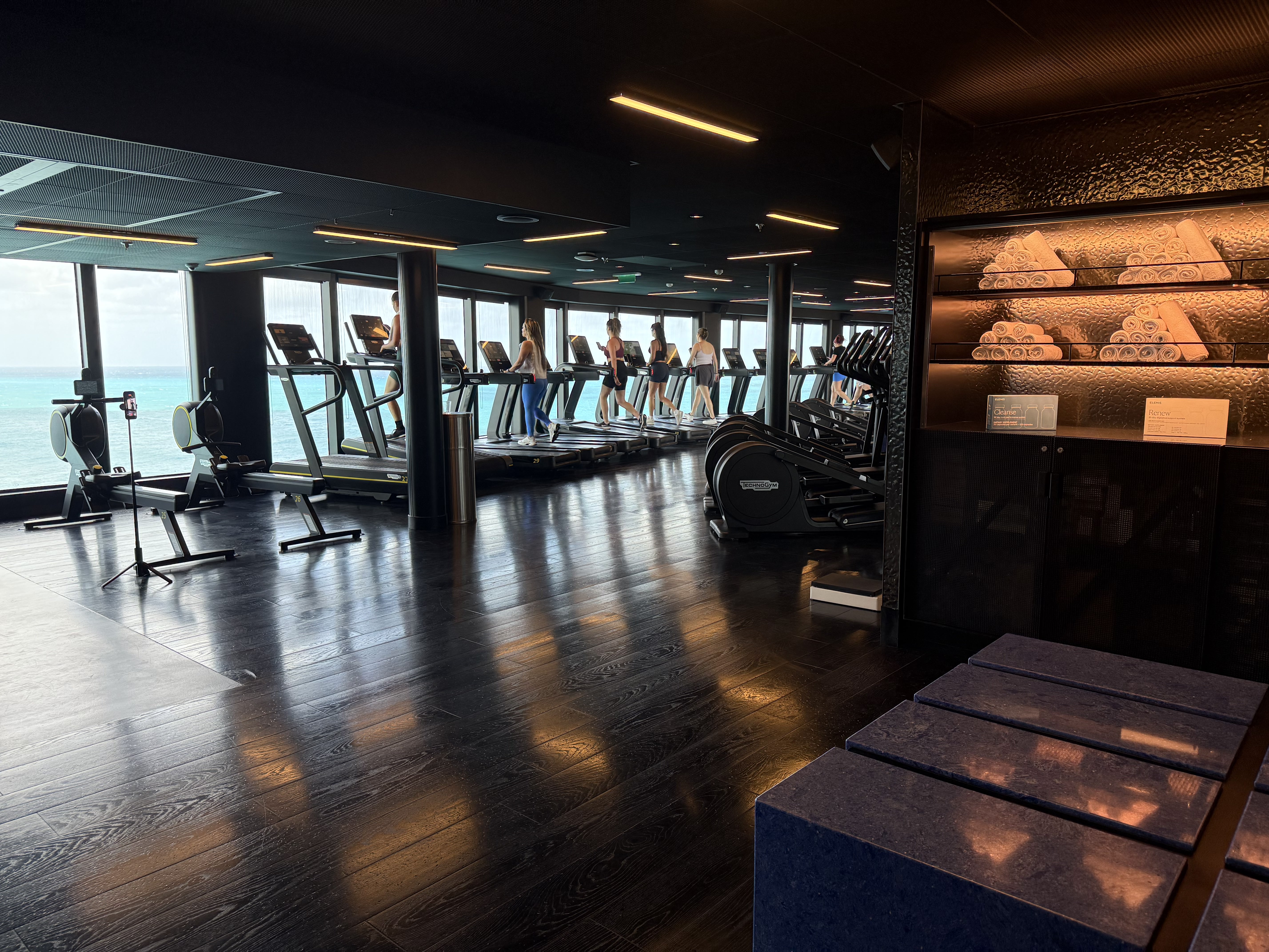 Gym with treadmills and neatly stacked towels
