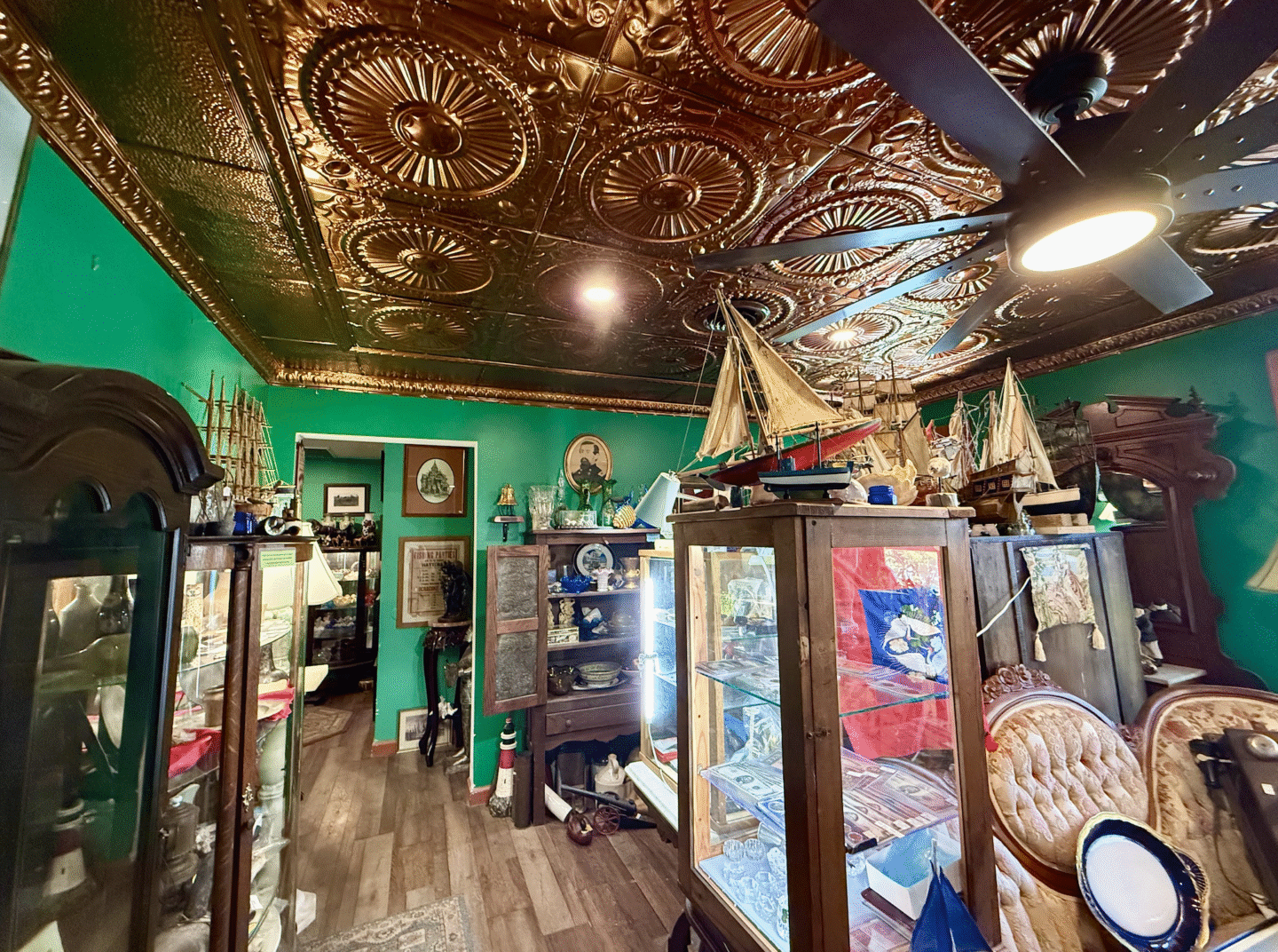 Antique store with gold ceiling