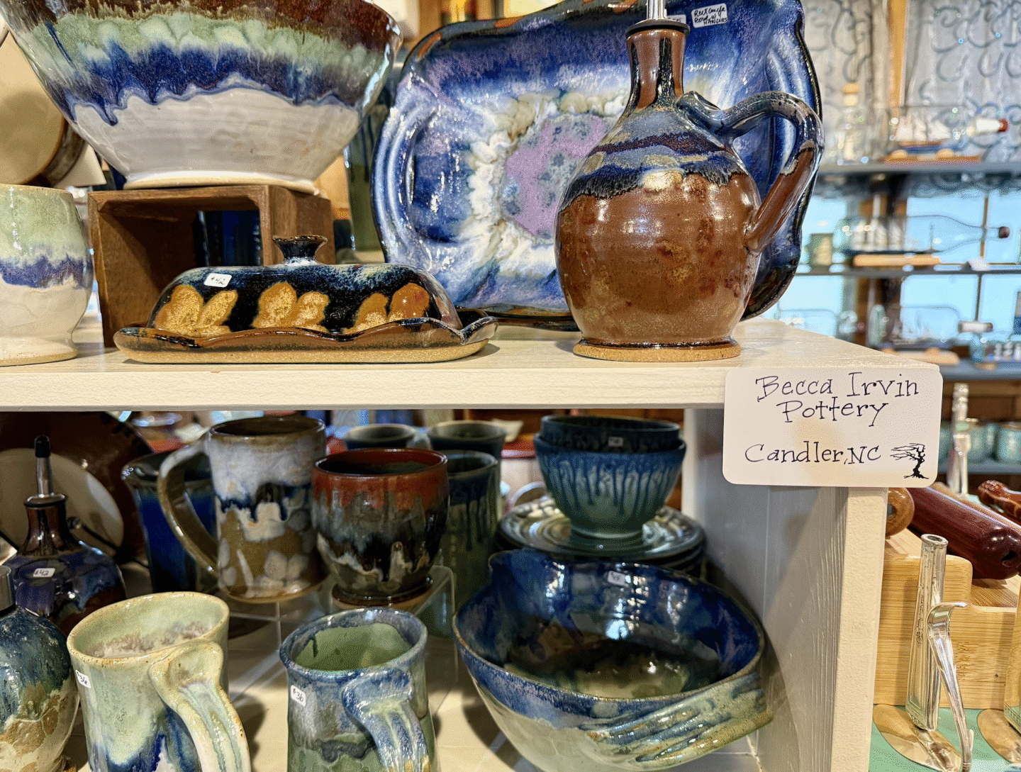 Handmade pottery on shelf